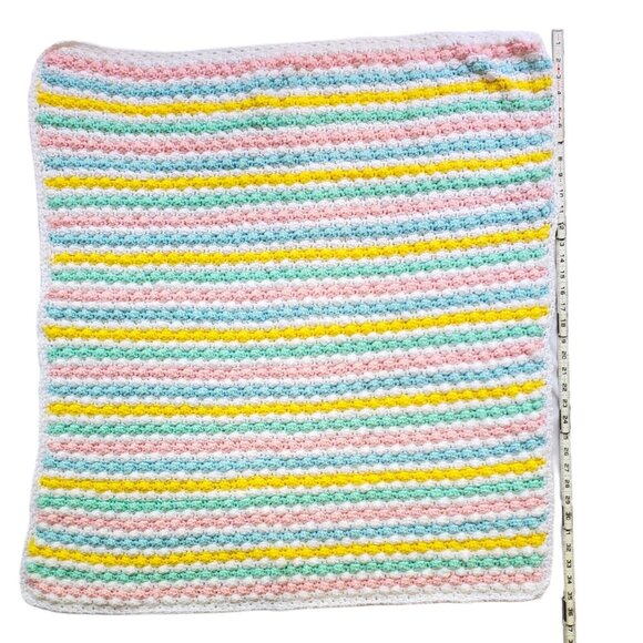 Handmade Crocheted Baby Afghan Pastel Striped Blanket 33" x 35" Swaddle Bassinet - Picture 4 of 5